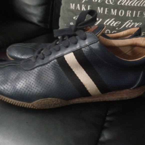 Preowned Bally Switzerland perforated blue leather size 10 BALLY OLIR navy blue leather perforated high-top sneakers | eBay main image 3